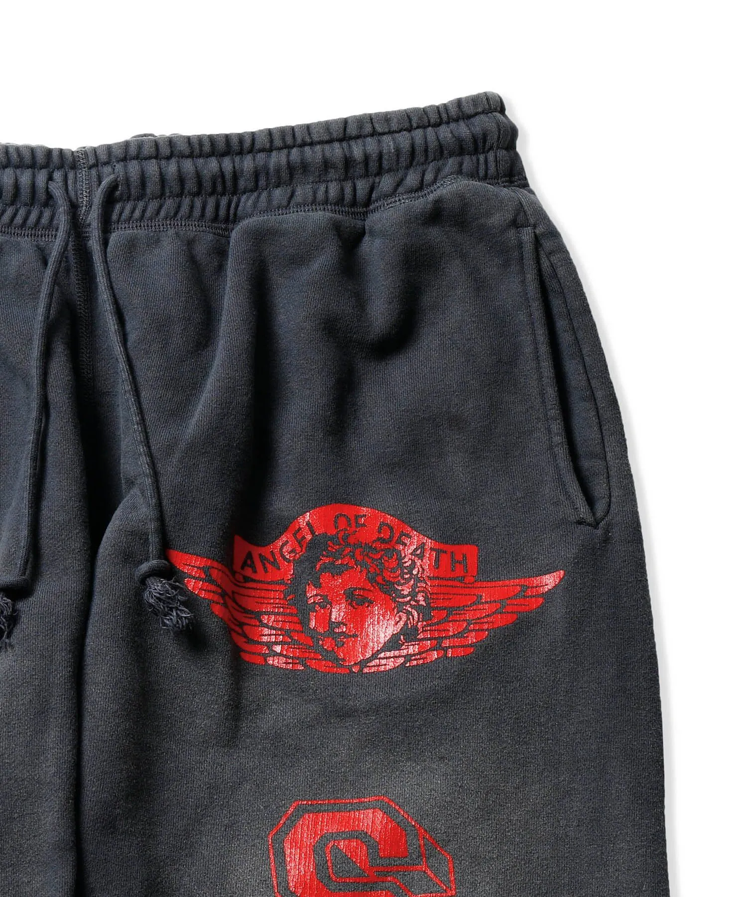 SAINT Mxxxxxx ANGEL SWEAT PANTS/BLK Angel Reborn Crack Print Distressed Sweatpants, Washed Black S-XL Assute Dyeing, Full Spray Fade, Heavy Fermentation Washing, Made with NEW VINTAGE Texture, Four Needles and Six Threads from the Factory, Boneless Patchwork, More Comfortable to Wear, Genuine Level Crack Print/Accessories Restored